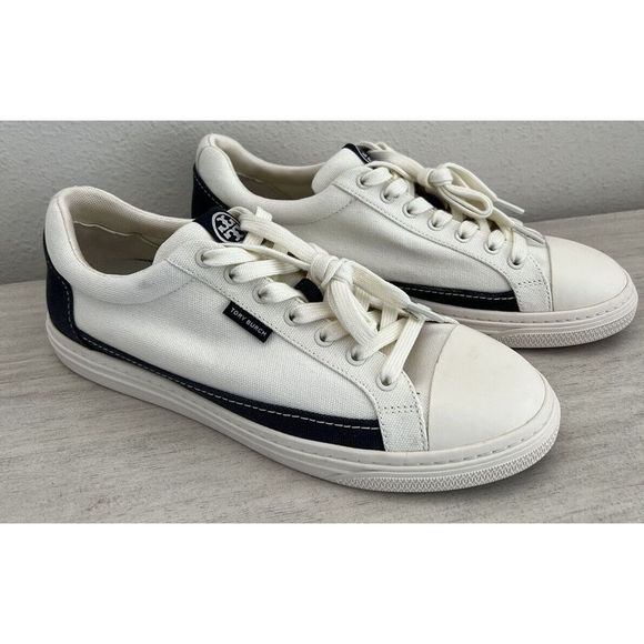 TORY BURCH Women's Sz 10M Classic Court Lace Up Sneakers In Ivory Canvas - Picture 1 of 7